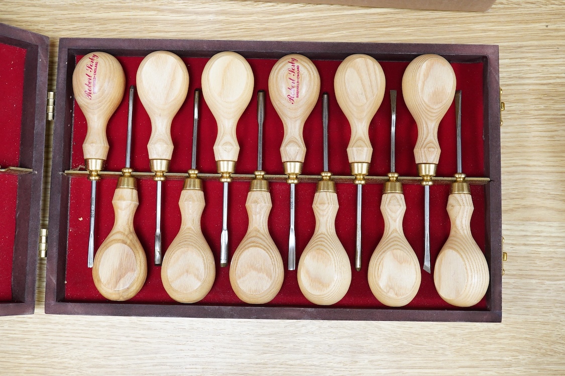 Three sets of Robert Sorby wood carving chisels, comprising a 12-piece set (No.612A), a 6-piece set (No.606), and a wooden case 12-piece micro carving set, all contained within fitted card boxes